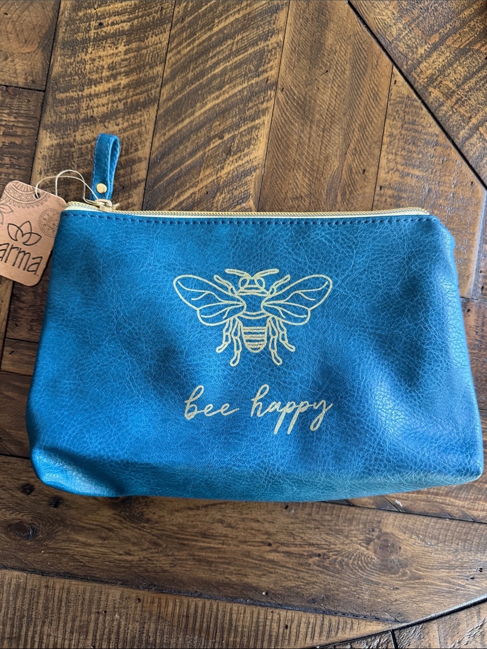 Karma Teal Bee Happy Zip Pouch with Gold Hardware